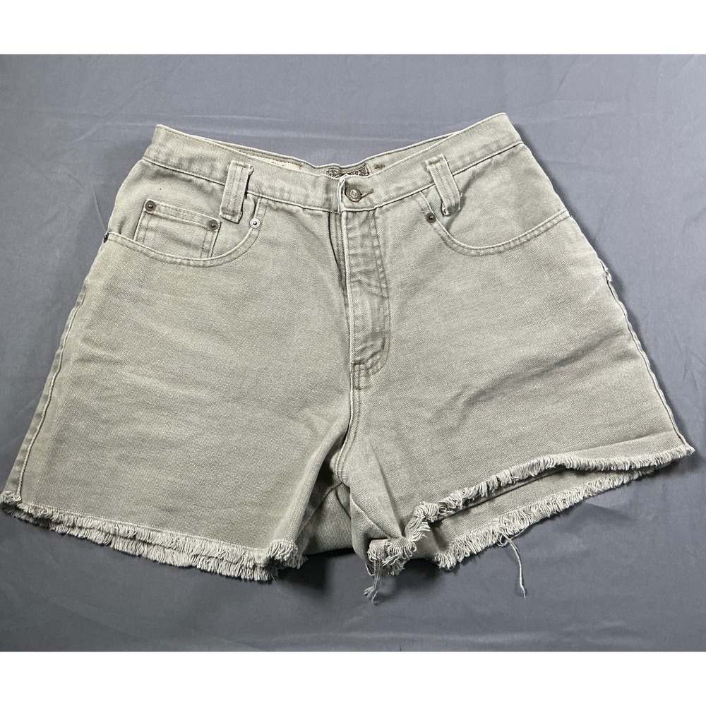 Vintage Express EXP Jeans Canvas Denim‎ Shorts Olive Green Raw Hem USA Made 9/10
